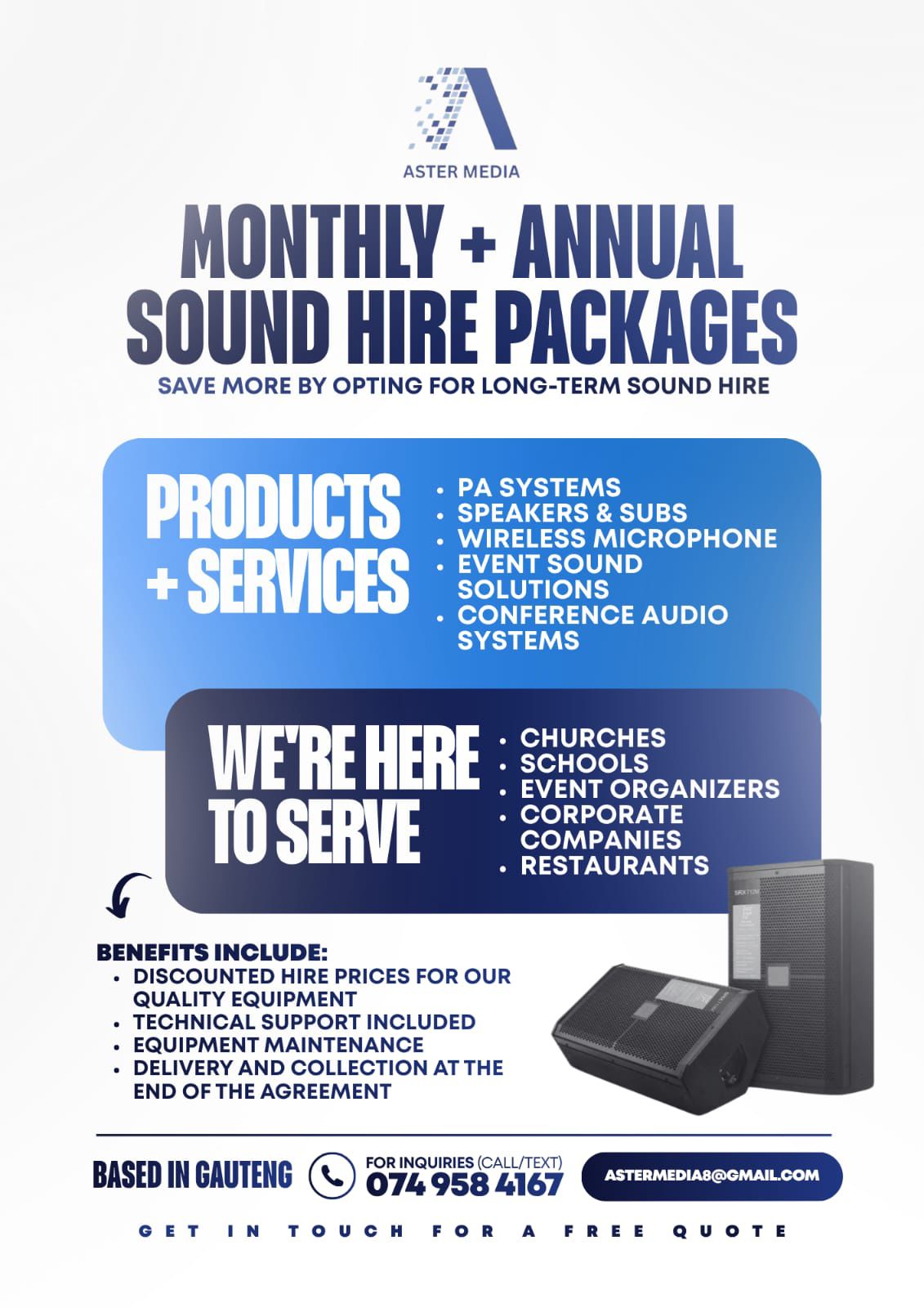 Aster Media monthly and annual sound hire packages