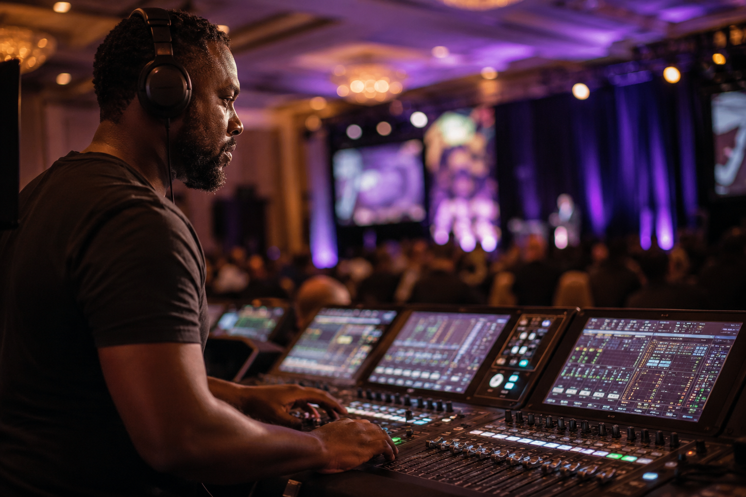 Sound engineer operating a professional mixing console